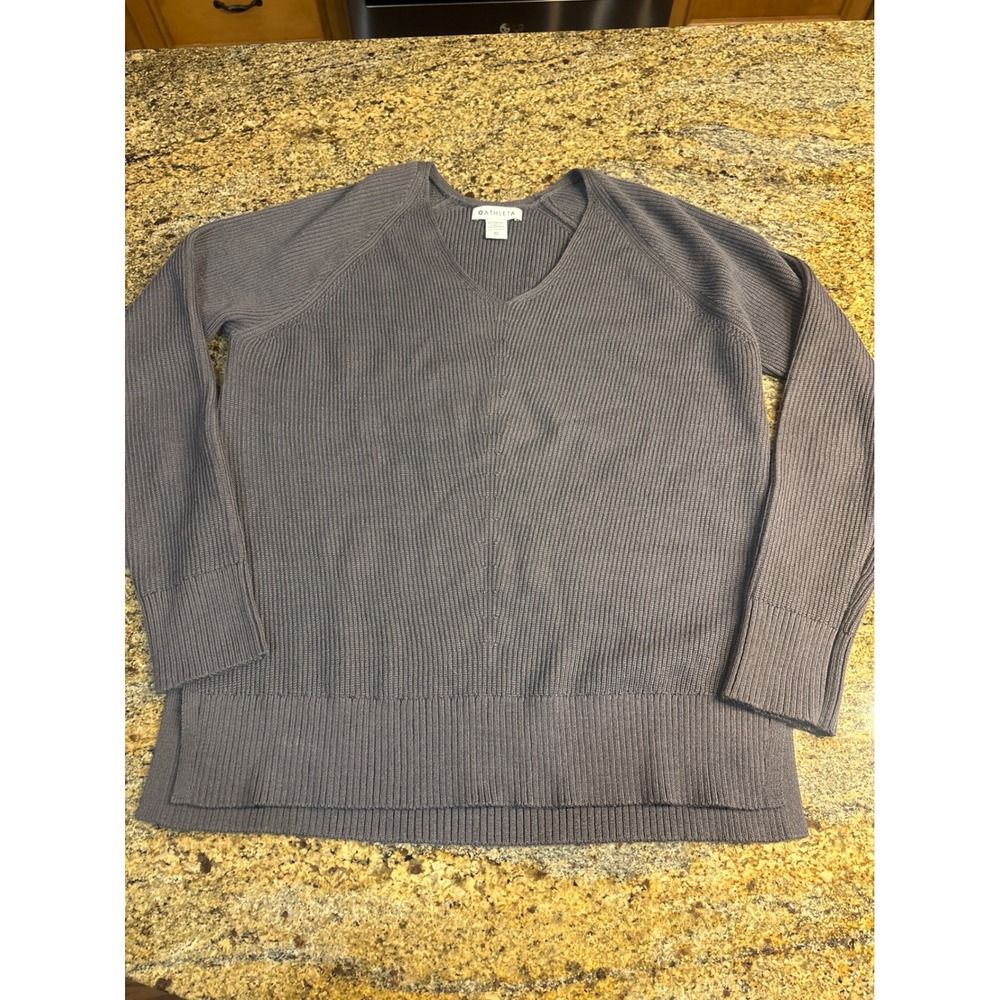 Athleta Hanover V-Neck Sweater XS‎ Charcoal Grey Merino Wool Blend Ribbed Knit